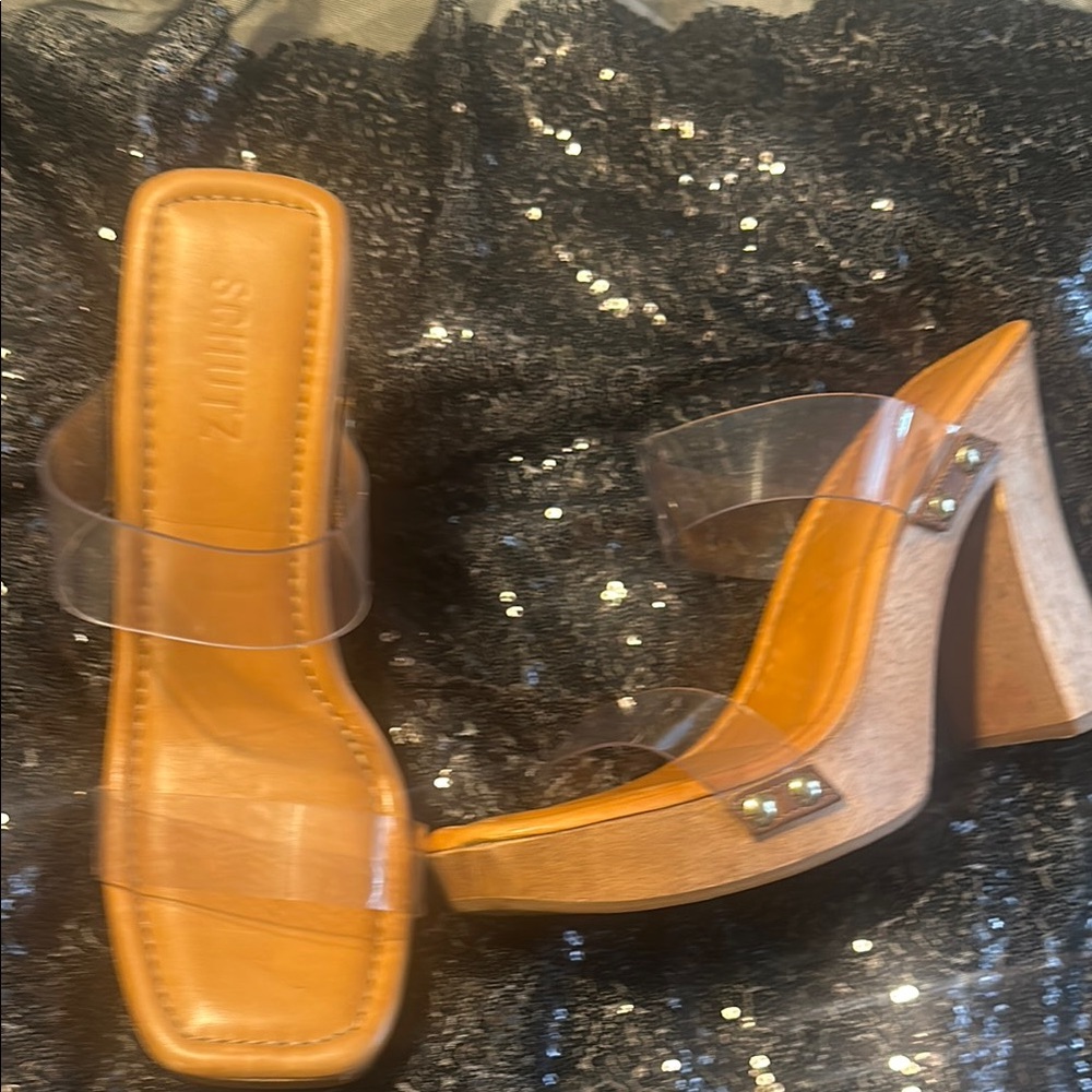 SCHUTZ Tan and Clear Heels